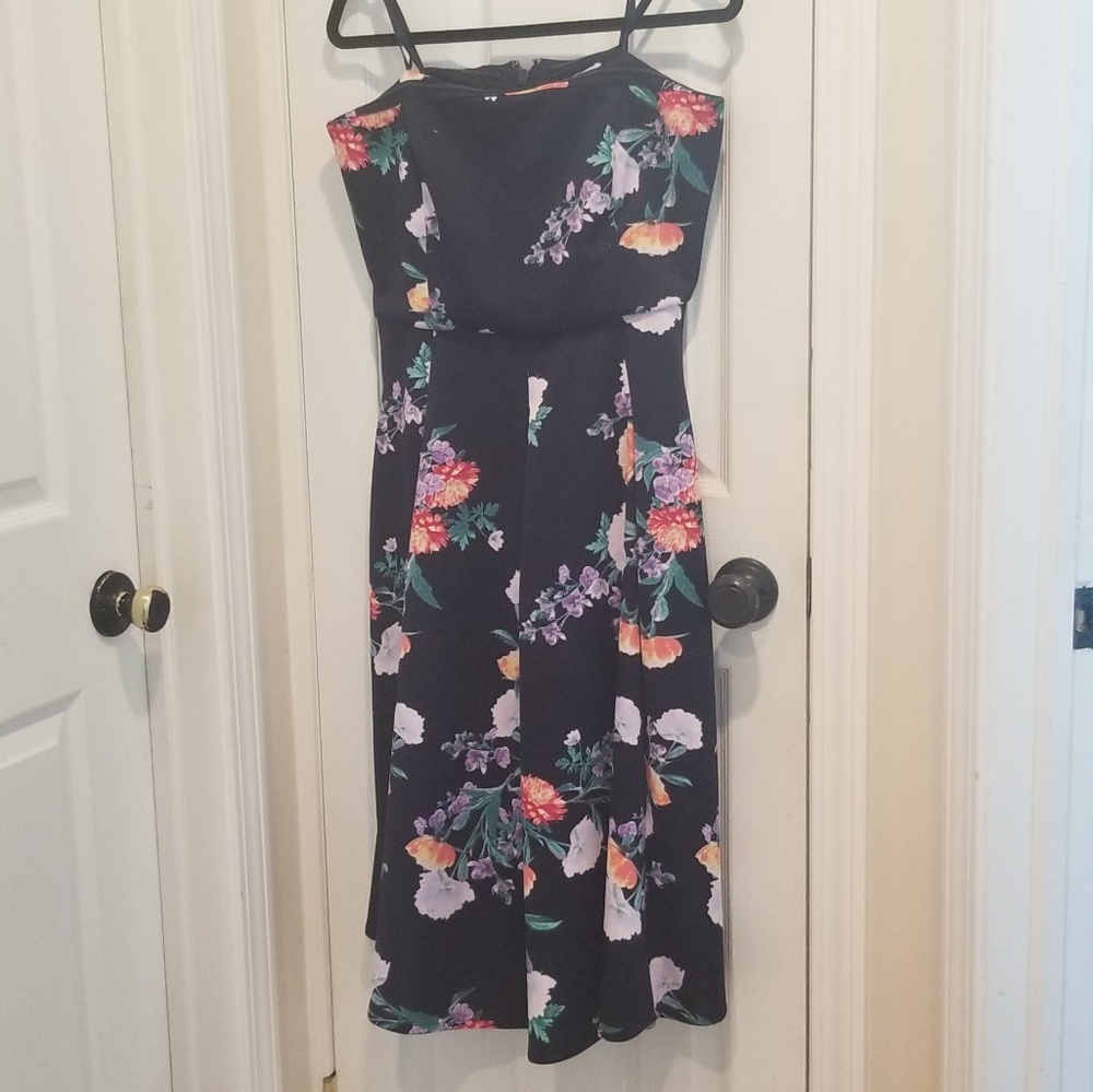 Navy Floral Strapless Midi Dress